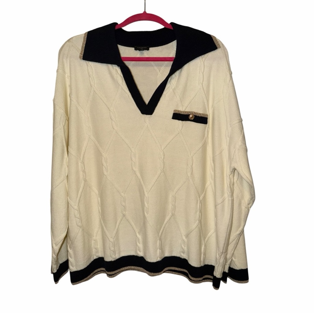 Talbots Cream V-Neck Cable Sweater with Black Trim